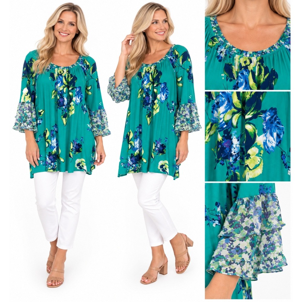 Susan Graver Tunic 2X Teal Floral Bell Sleeve Scoop Neck Liquid Knit Boho Garden
